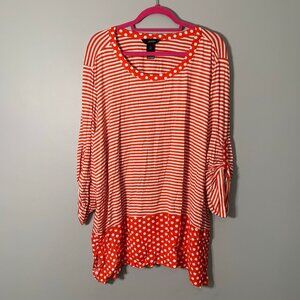NEW Ali Miles red white mixed print jersey knit long sleeve tunic top shirt‎